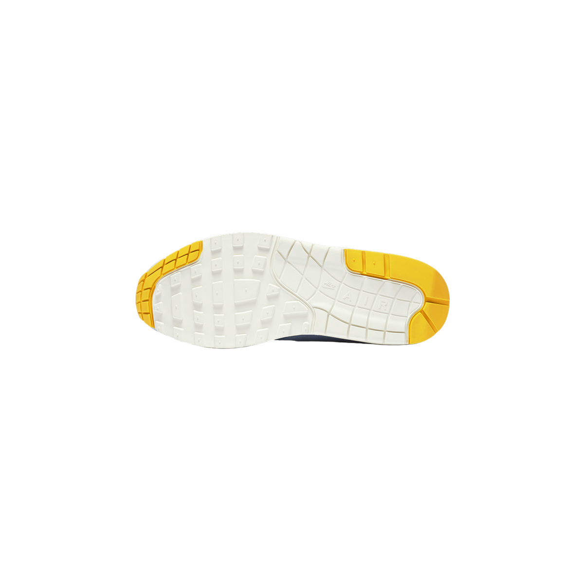 Underside (outsole) of a Nike Air Max 1 shoe showing a cream-white rubber tread pattern with yellow heel and forefoot accents and visible 'AIR' lettering and Nike Swoosh logo.
