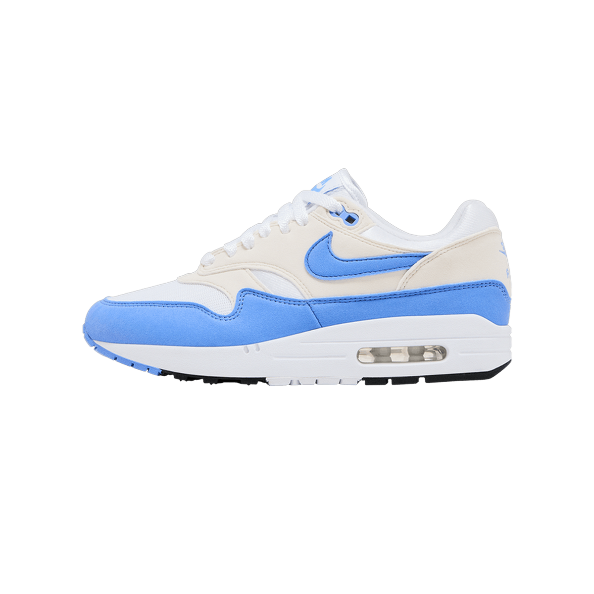 Side view of a white and blue Nike Air Max 1 sneaker with a blue swoosh logo, cream overlays, and visible Air unit in the sole, toe pointing left.