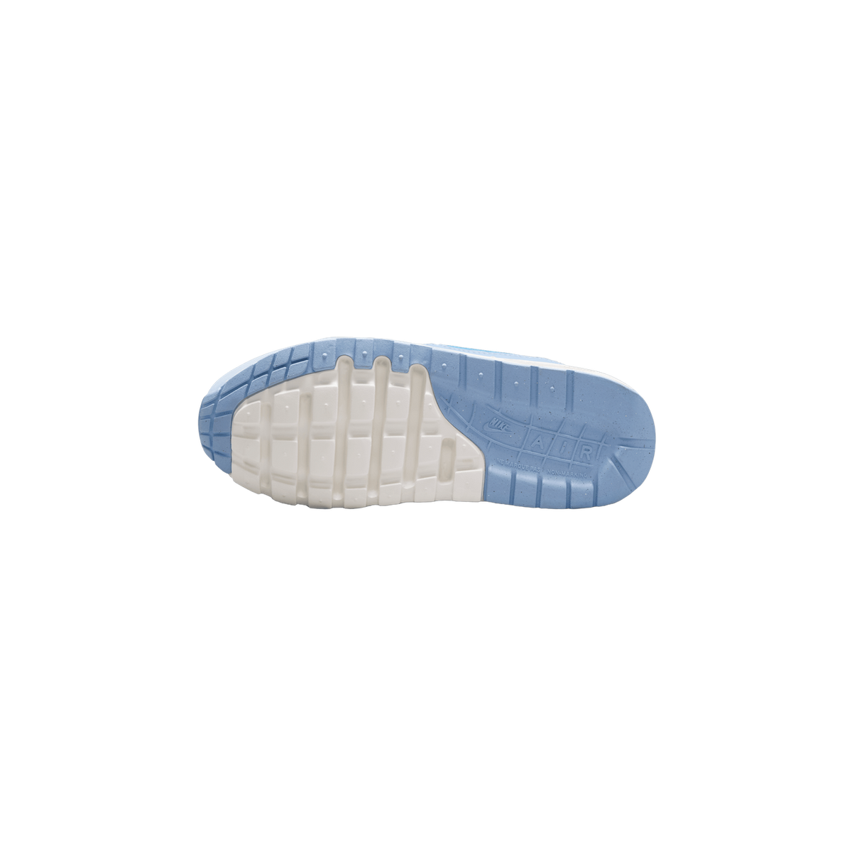 Bottom view of a Nike Air Max 1 sneaker showing a blue and white waffle-textured outsole with visible Air branding near the heel.