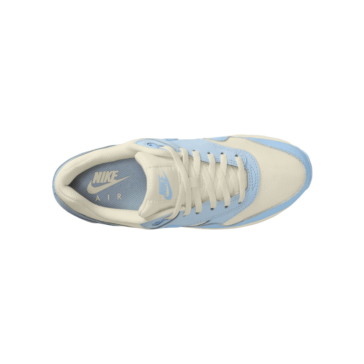 Top-down view of a sail and blue tint Nike Air Max 1 sneaker showing the laces and branded insole with Nike Air logo