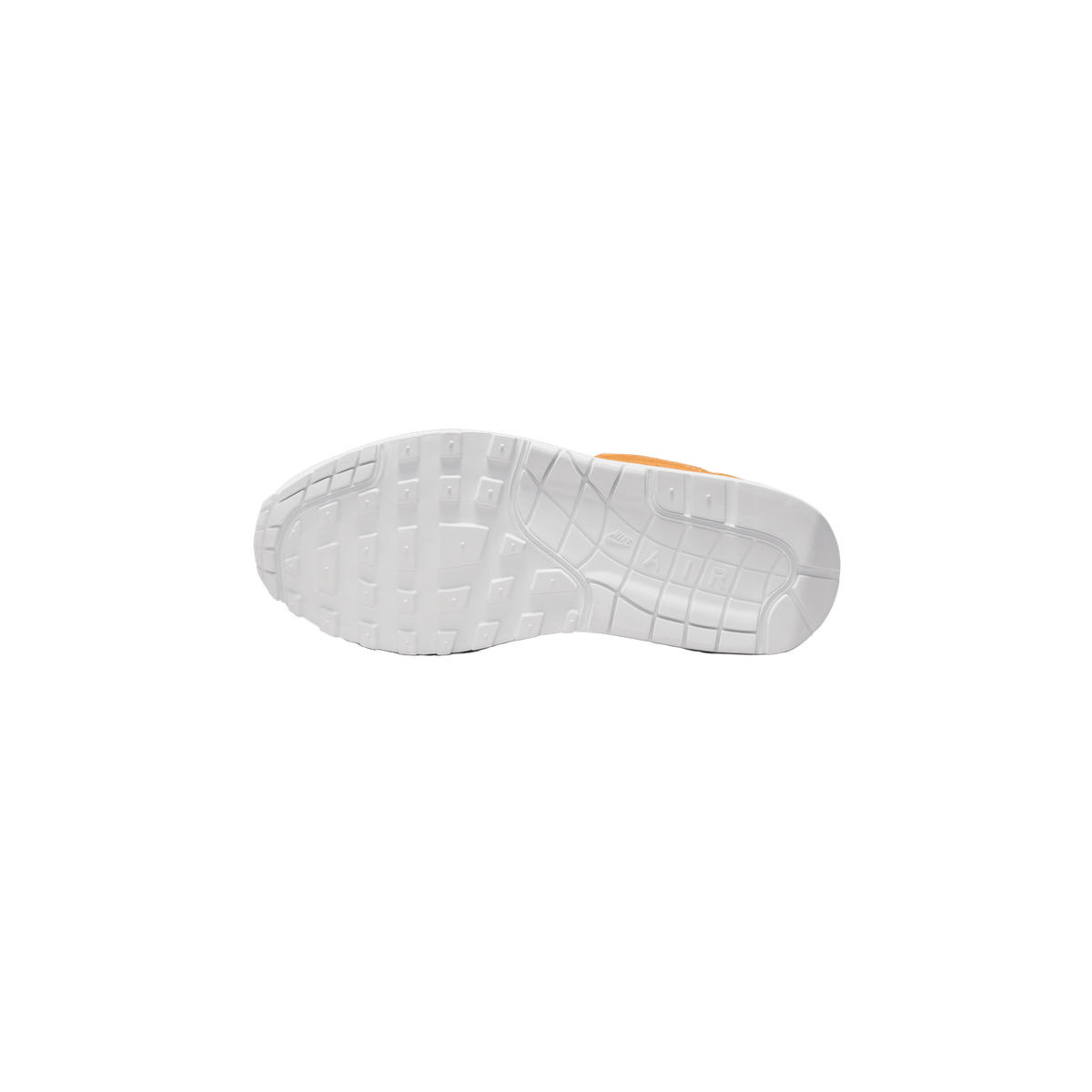 Bottom view of a white Nike Air Max 1 sneaker showing the textured white outsole with Nike Air branding and a visible orange upper edge