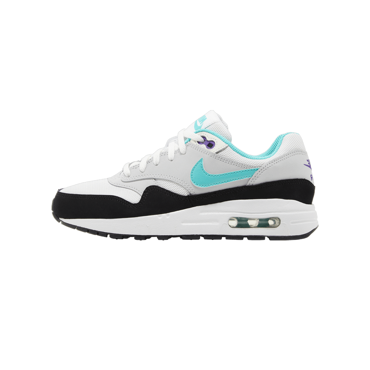 Left Nike Air Max 1 sneaker facing left, showing white and grey upper with jade green swoosh, black midsole, and purple lace accents visible near the collar.