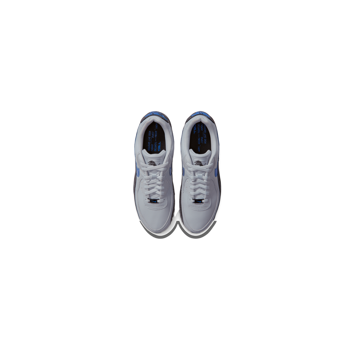 Top-down view of a pair of grey Nike Air Max 90 sneakers with blue Swoosh logos and Detroit Lions branding on the tongue and insole.