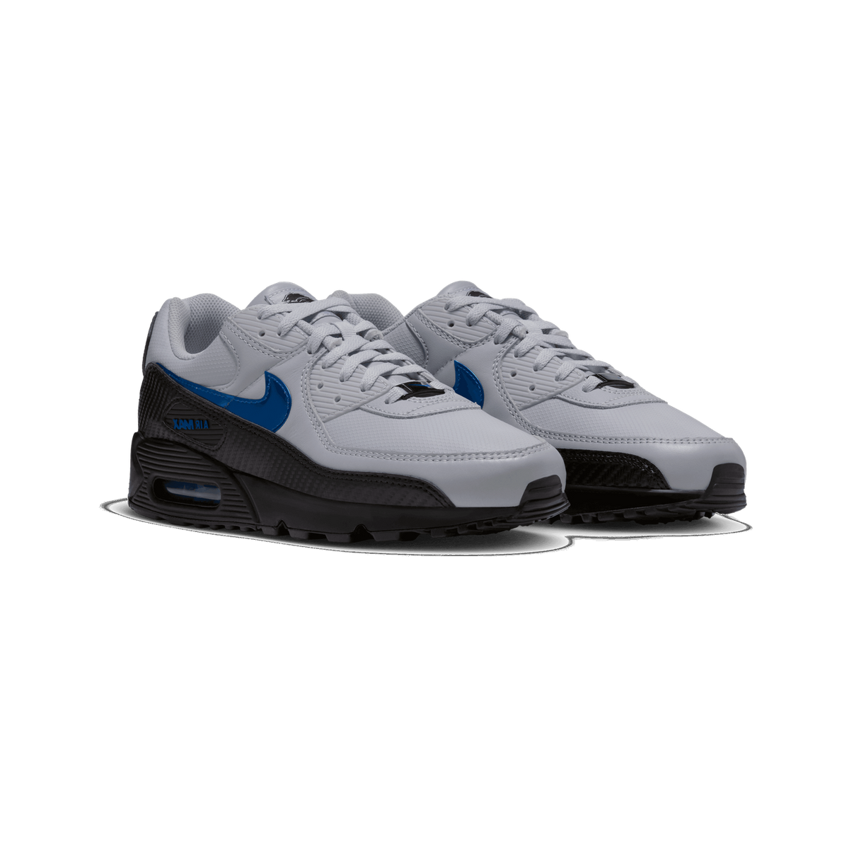 Pair of Nike Air Max 90 sneakers in grey, black, and blue, shown at an angled front view with visible blue Swoosh logos and black textured heel panels.