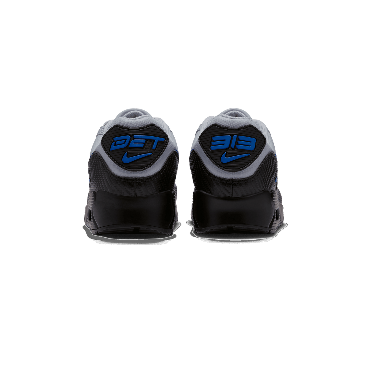 Rear view of a pair of Nike Air Max 90 sneakers in grey and black with blue Nike swoosh logos and 'DET' and '313' text on the heels.