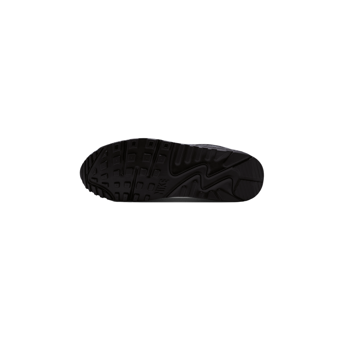 Bottom view of a black Nike Air Max 90 sneaker showing the waffle-patterned outsole tread and Nike logo.