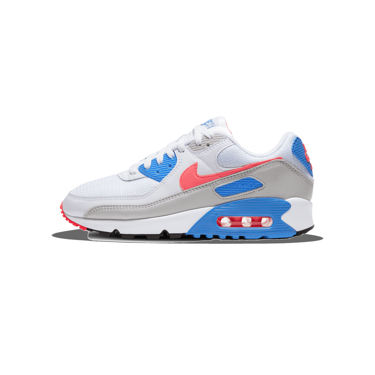 Side view of a white, grey, blue and coral Nike Air Max 90 sneaker with toe pointing left, showing the Swoosh logo and visible Air cushioning unit in the heel