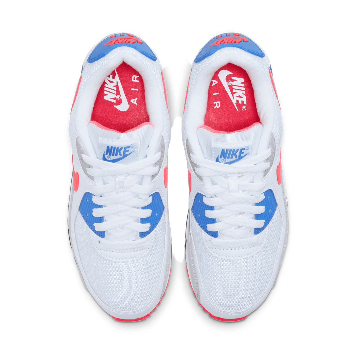 Top-down view of a pair of white Nike Air Max 90 sneakers with blue heel tabs, red Nike Air branded insoles, and coral accents on the eyelets.