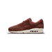 Single Nike Air Max 90 in brown laser-etched topographic pattern with a cream midsole and visible Air unit, shown from the lateral side with the toe pointing left.