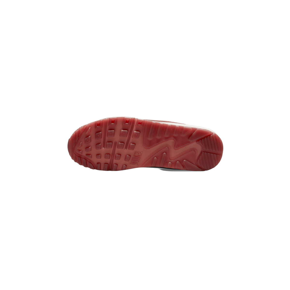 Underside of a Nike Air Max 90 shoe showing a red translucent rubber outsole with a deep tread pattern, the NIKE wordmark near the midfoot, and the heel and forefoot visible on a plain white background.