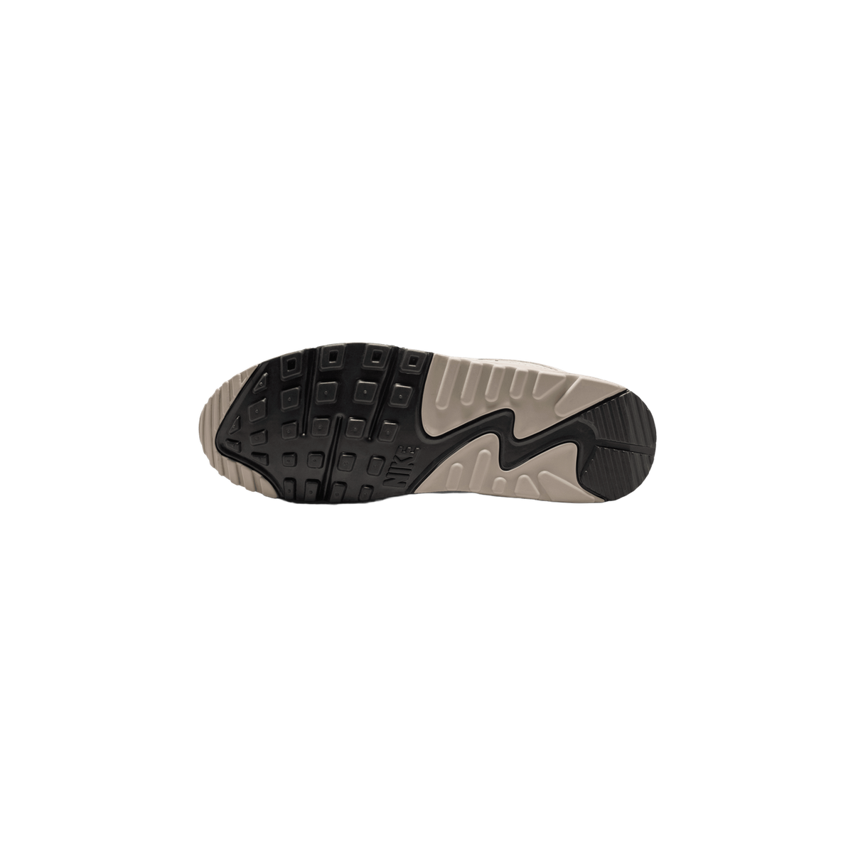 Bottom view of a Nike Air Max 90 sneaker showing the black and beige waffle-patterned outsole with Nike logo text.