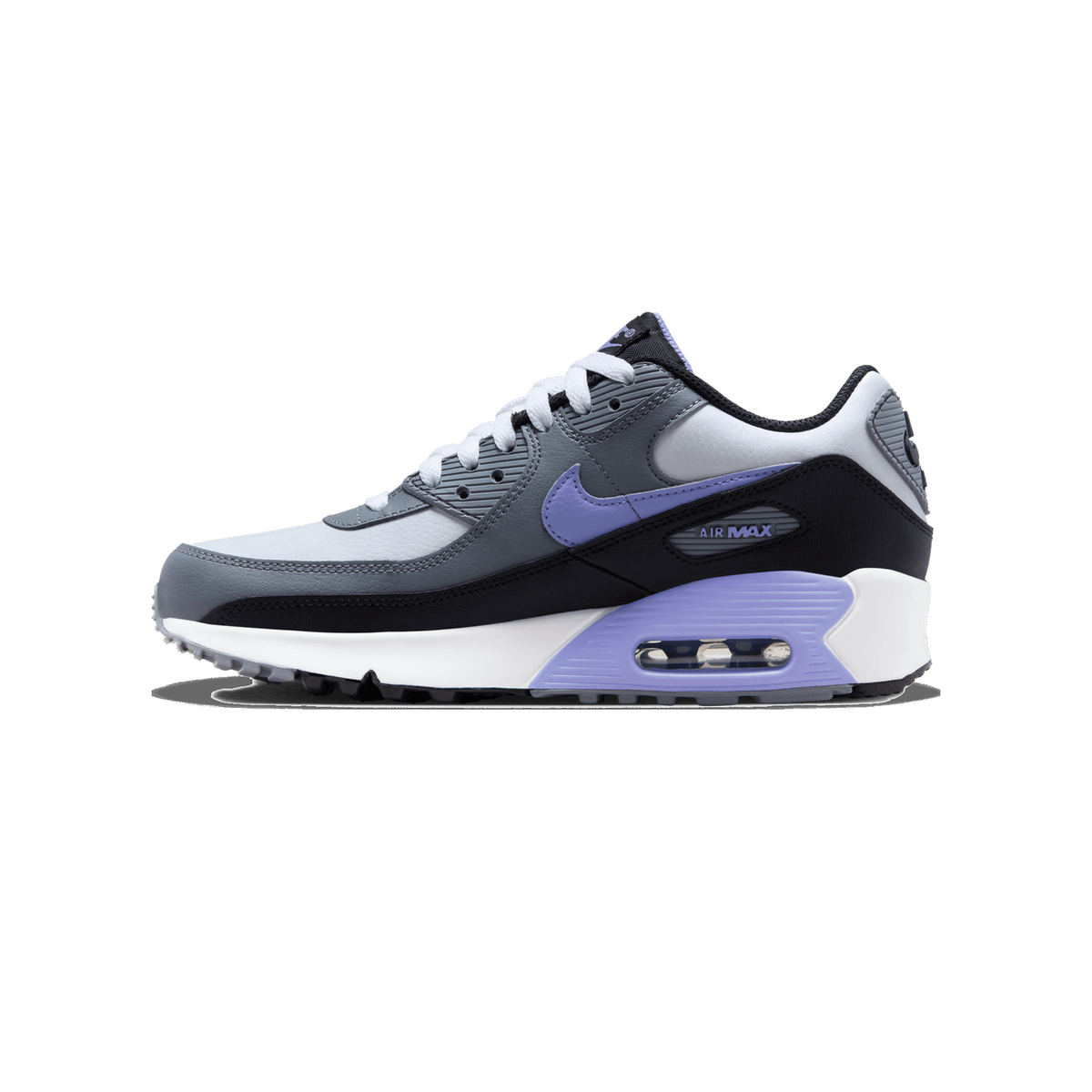 Left Nike Air Max 90 Leather sneaker in grey, white, black and purple with purple Swoosh, facing toe-left showing the outer side profile.