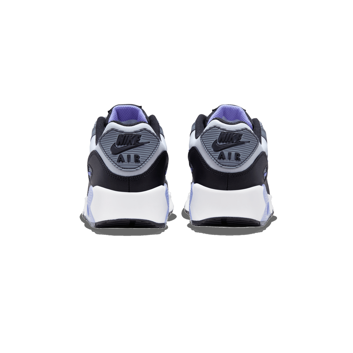Rear view of a pair of Nike Air Max 90 Leather sneakers in white, black, and gray with purple inner lining and Nike Air heel branding.
