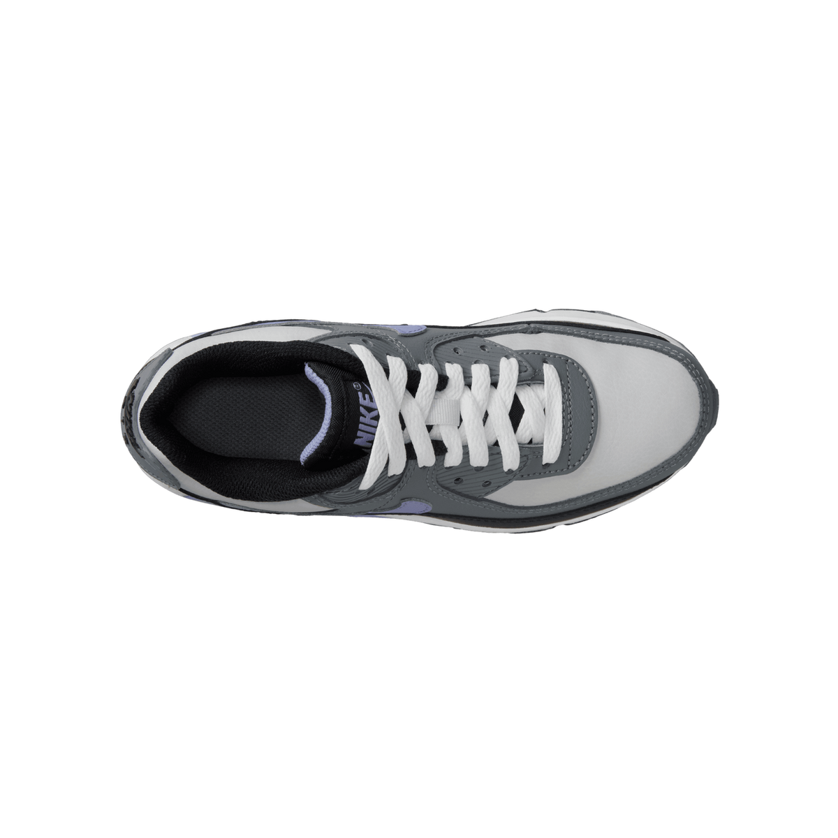 Top-down view of a gray and white Nike Air Max 90 leather sneaker with white laces, purple Nike Air logo on the tongue, and a black interior lining, toe pointing left.
