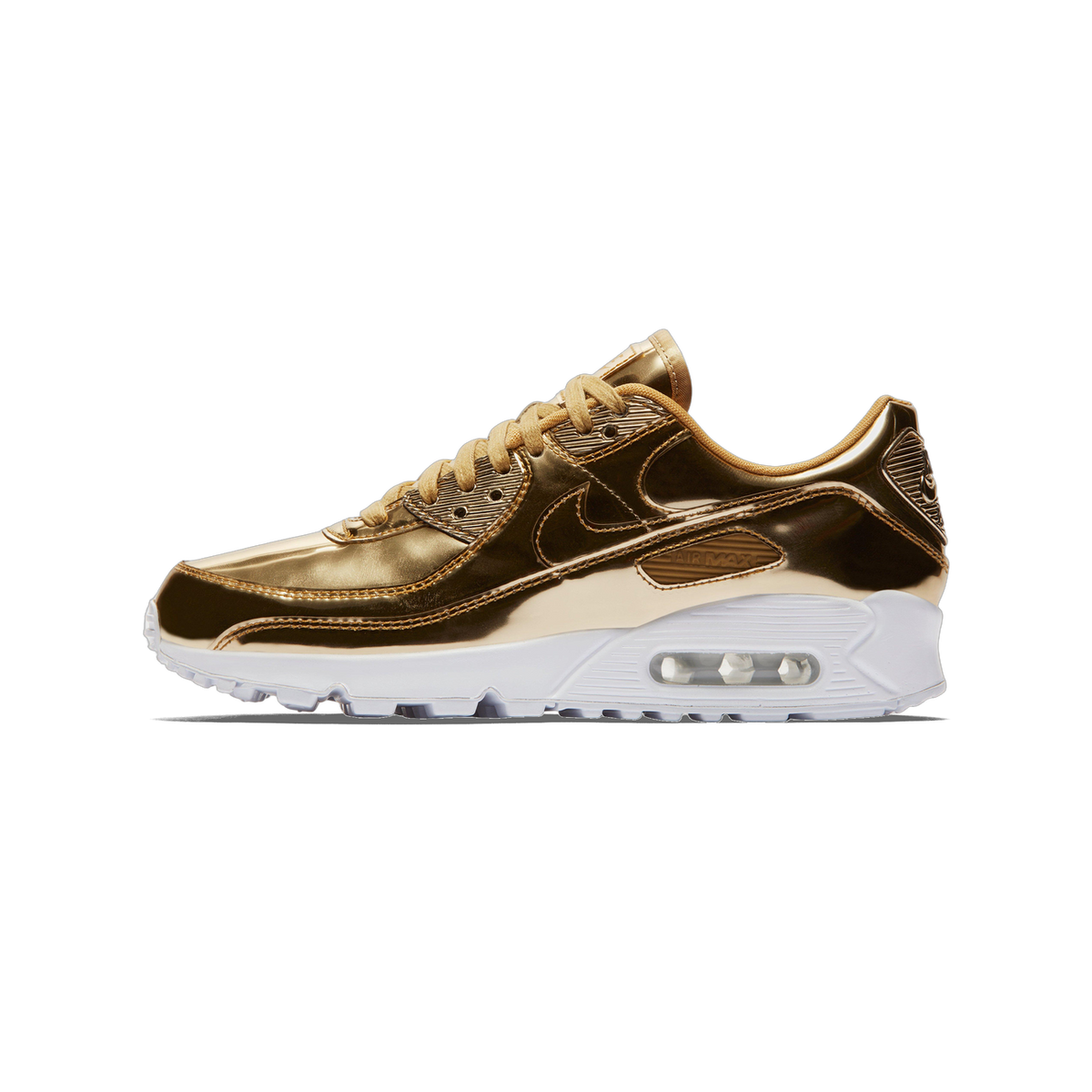 Left Nike Air Max 90 sneaker in metallic gold with a white midsole and visible Air cushioning unit, shown from the outside with toe pointing left.