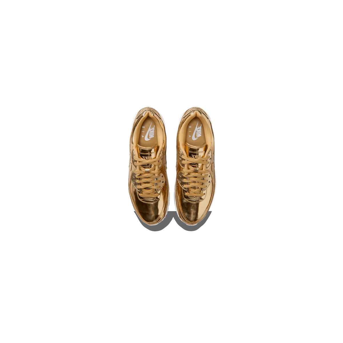 Top-down view of a pair of metallic gold Nike Air Max 90 sneakers with gold laces and white Nike Air branding on the tan insoles.