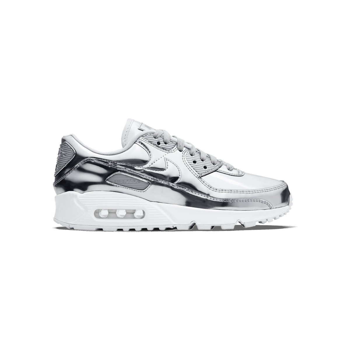 Side view of a Nike Air Max 90 sneaker with a mirrored metallic silver upper, white midsole, and visible Air cushioning unit in the heel.