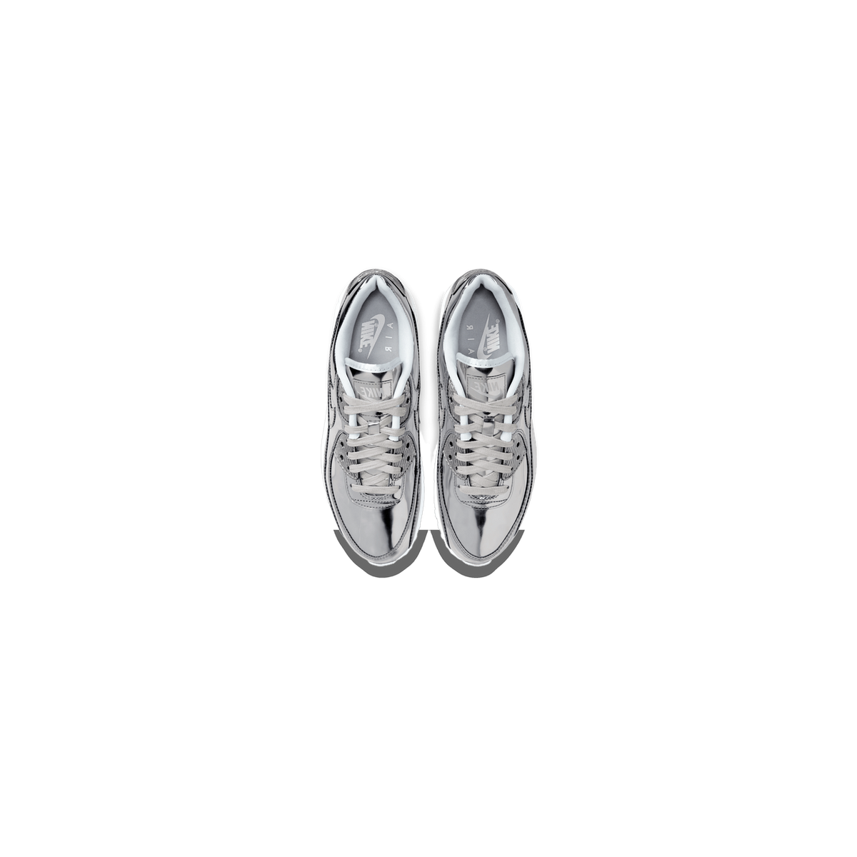 Top-down view of a pair of metallic silver Nike Air Max 90 sneakers with white tongues, grey laces, and white midsoles, toes pointing upward and downward.