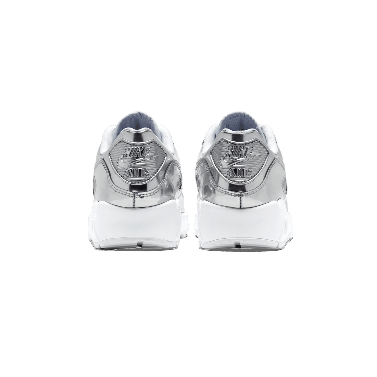 Rear view of a pair of Nike Air Max 90 sneakers with metallic silver heel panels embossed with the Nike Air logo and white midsoles.