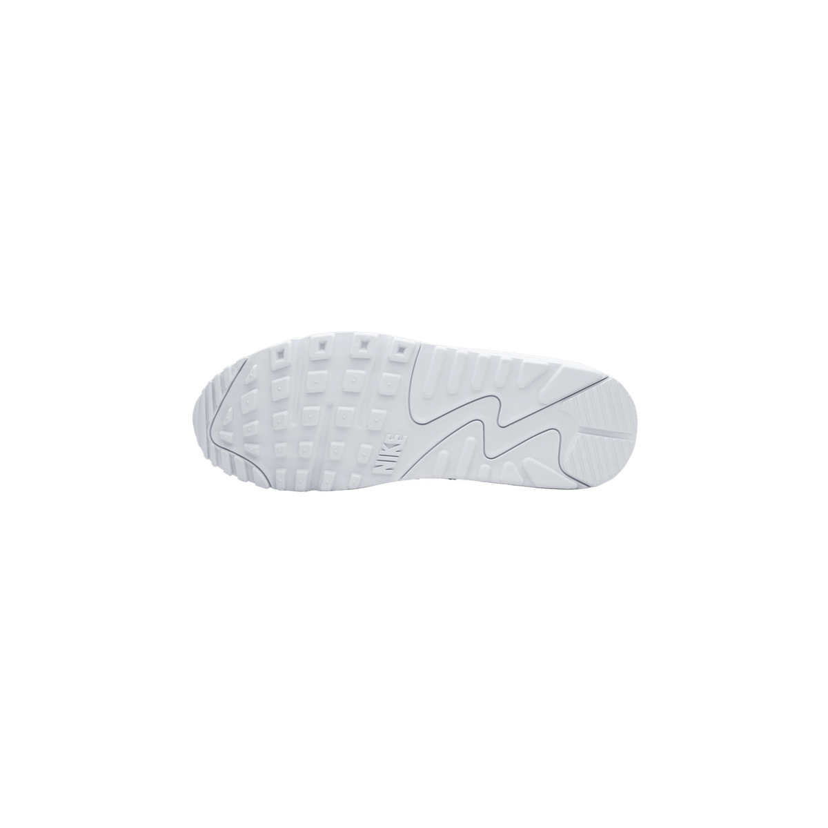Bottom view of a white Nike Air Max 90 sneaker showing the waffle-patterned outsole with the Nike logo molded into the midsection.