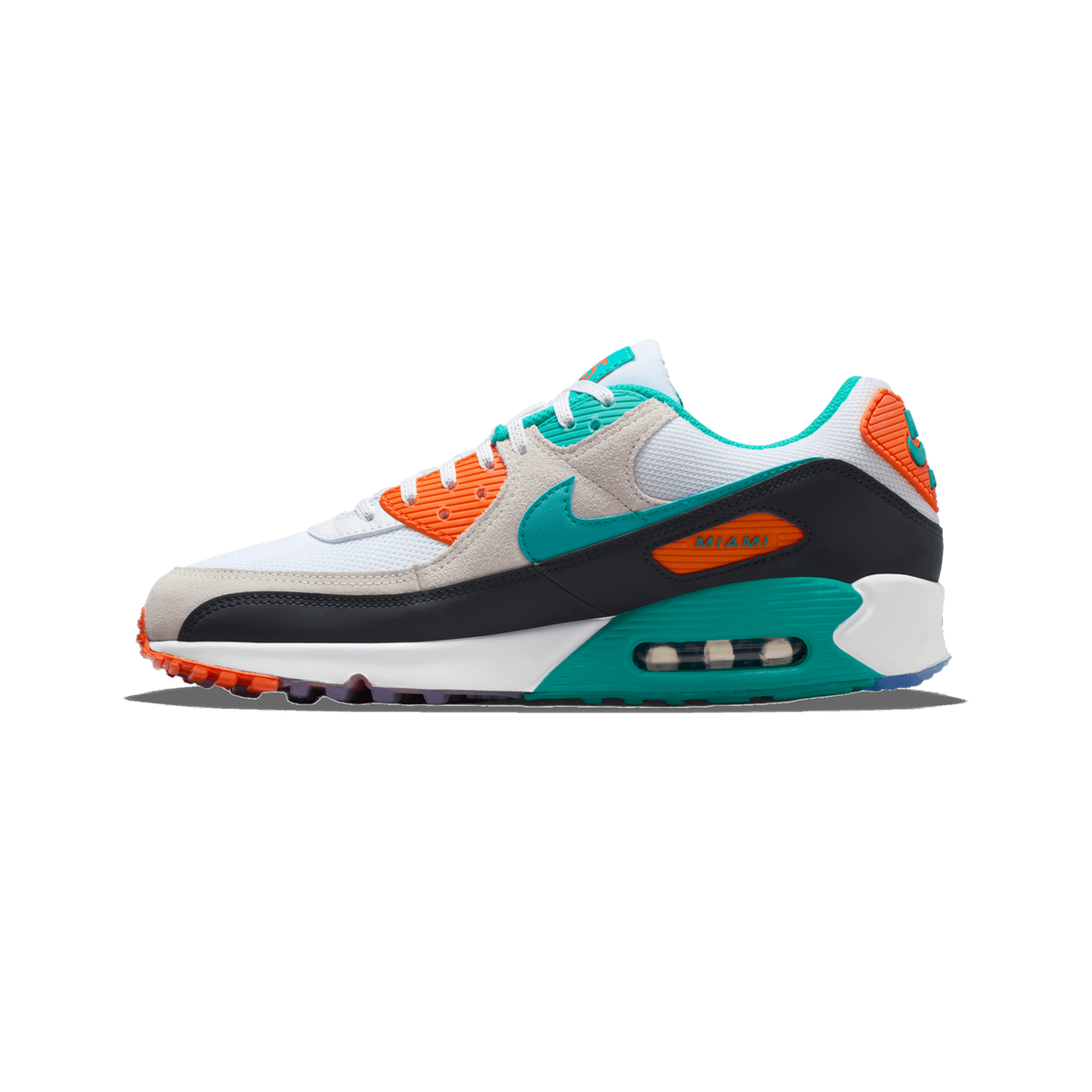Lateral view of a white Nike Air Max 90 sneaker with teal swoosh and lace accents, orange trim, dark grey heel panel with an orange 'Miami' tab, and a teal visible Air Max sole unit.