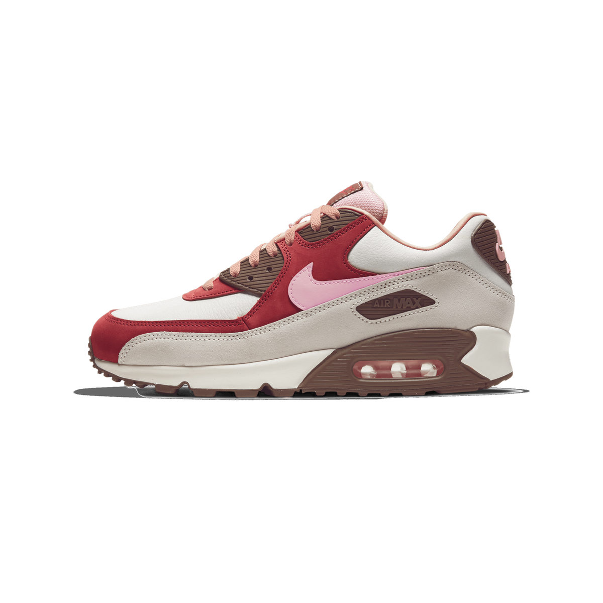 Lateral view of a Nike Air Max 90 sneaker in white, red, brown and pink with a visible pink Swoosh logo and visible Air cushioning in the heel.