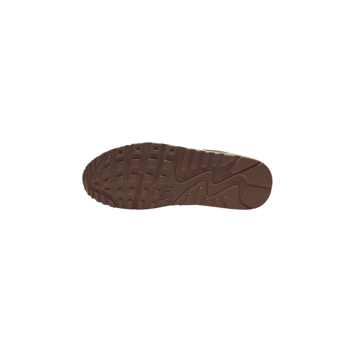 Bottom view of a Nike Air Max 90 showing the brown waffle-textured rubber outsole with Nike branding