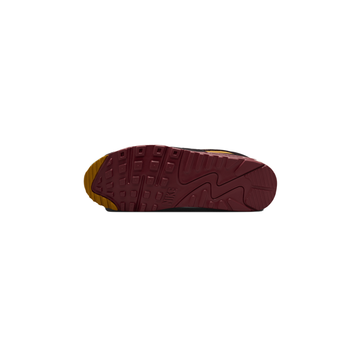Bottom view of a Nike Air Max 90 sneaker showing a dark maroon waffle-tread outsole with mustard yellow accents at the heel and toe