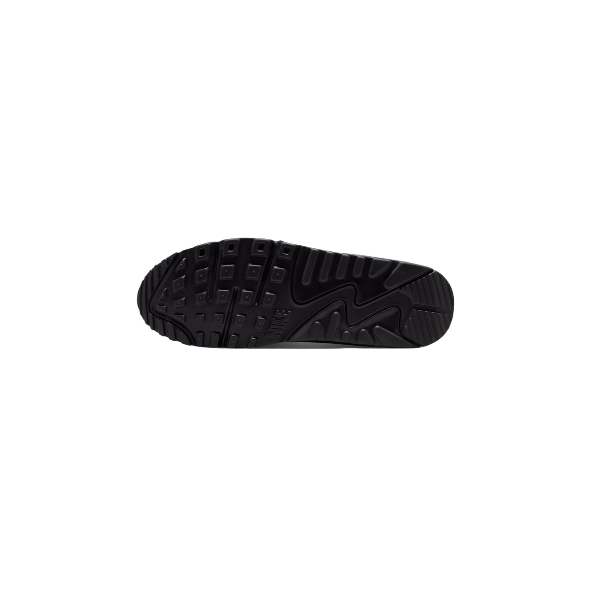 Bottom view of a black Nike Air Max 90 sneaker showing the full tread pattern and Nike logo on the outsole.
