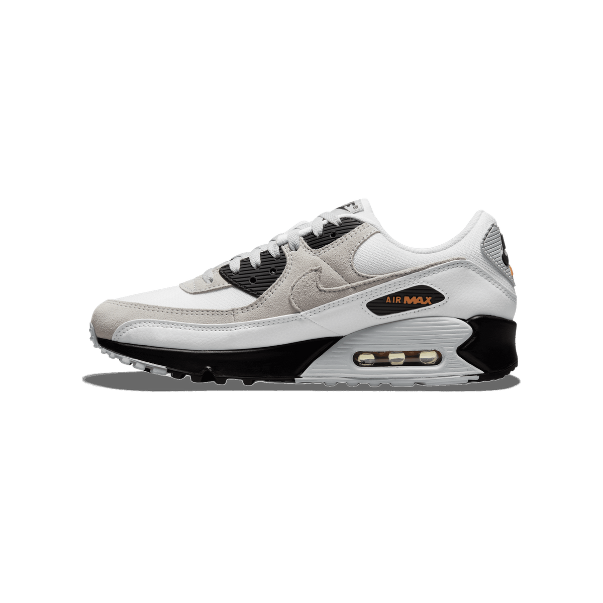 Lateral view of a white and grey Nike Air Max 90 with black heel overlay, black lace panel, orange 'Air Max' branding, and visible heel air unit, toe pointing left.