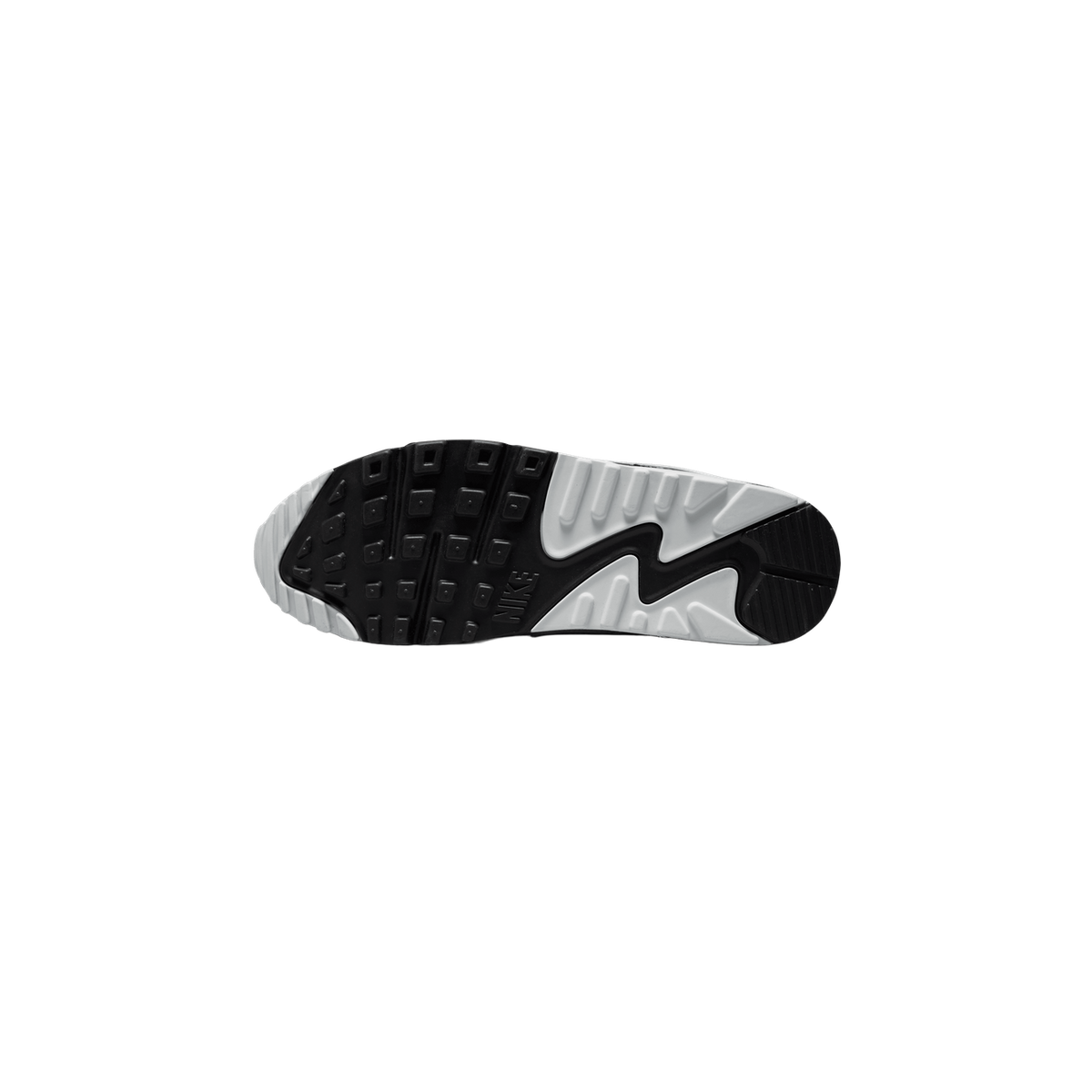 Bottom view of a Nike Air Max 90 sneaker showing a black and white waffle-patterned rubber outsole with Nike branding.