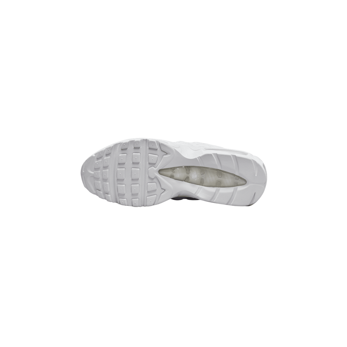 Bottom view of a white Nike Air Max 95 showing the tread pattern and visible Air cushioning unit in the heel.