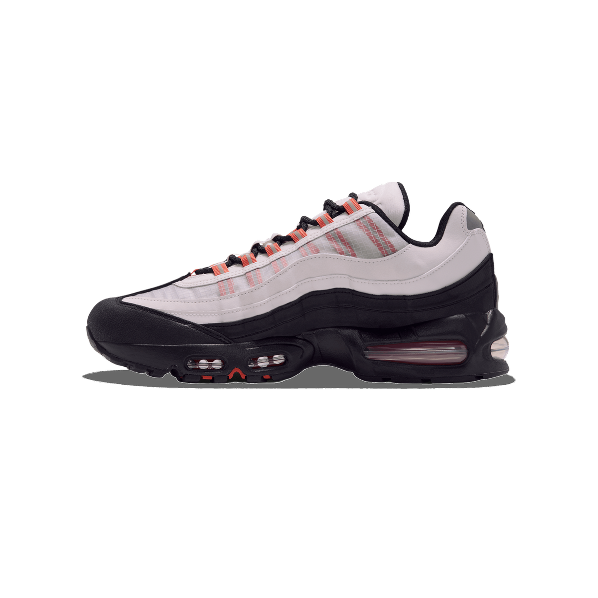 Left Nike Air Max 95 GORE-TEX sneaker shown from the outside with toe pointing left, featuring white upper, black overlays, orange and gray lace loops, and a visible Air unit in the heel