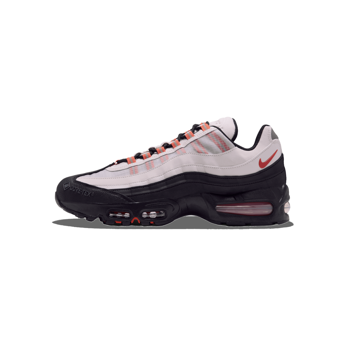 Right-side view of a white and black Nike Air Max 95 GORE-TEX sneaker with orange swoosh, orange laces, grid-patterned panels, and a visible air cushion unit in the heel