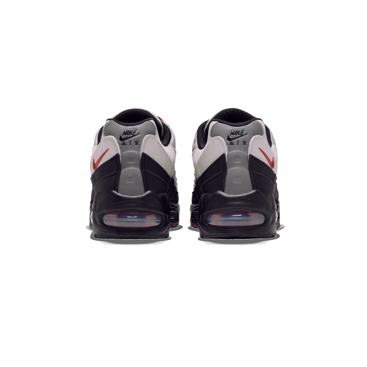 Rear view of a pair of Nike Air Max 95 sneakers showing black, gray and white uppers with red swooshes and a visible heel air unit.