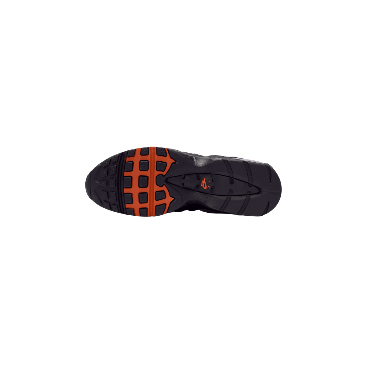 Bottom view of a Nike Air Max 95 GORE-TEX shoe showing a black outsole with an orange waffle-textured traction pattern under the forefoot and an orange Nike Air logo at the heel