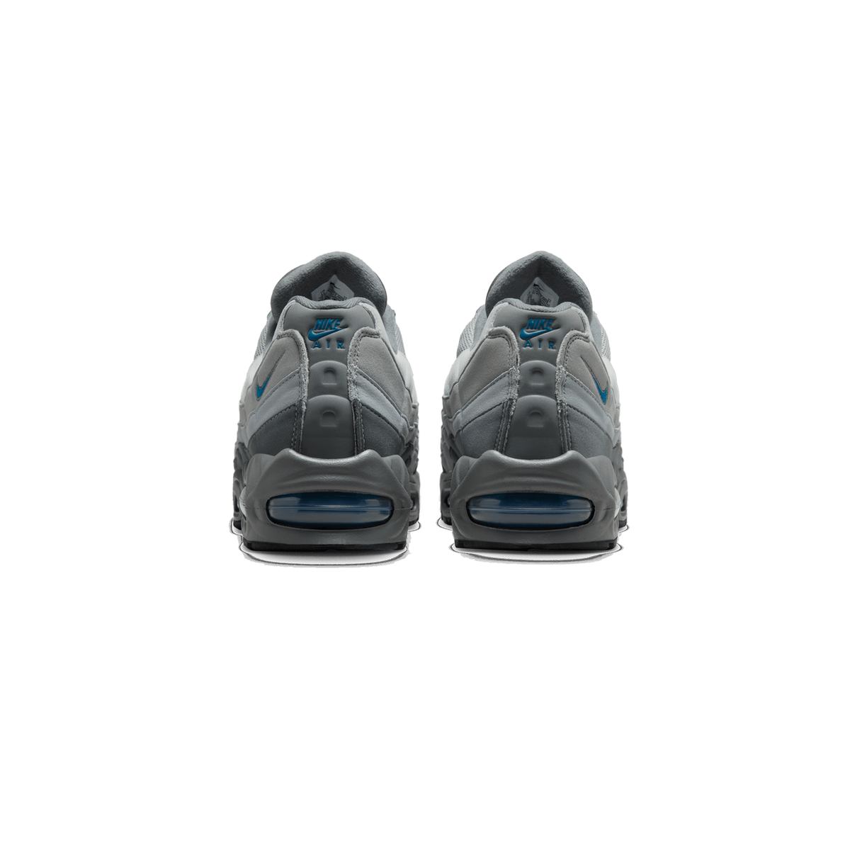 Rear view of a pair of grey Nike Air Max 95 sneakers standing side by side, showing the heel tabs with blue Nike Air branding and the blue Air units in the heel.