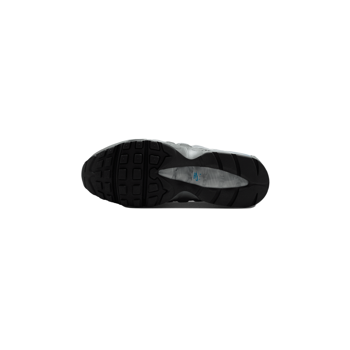 Underside of a grey Nike Air Max 95 showing the black rubber outsole with a deep tread pattern and a clear Air unit window with a blue Nike Air logo.