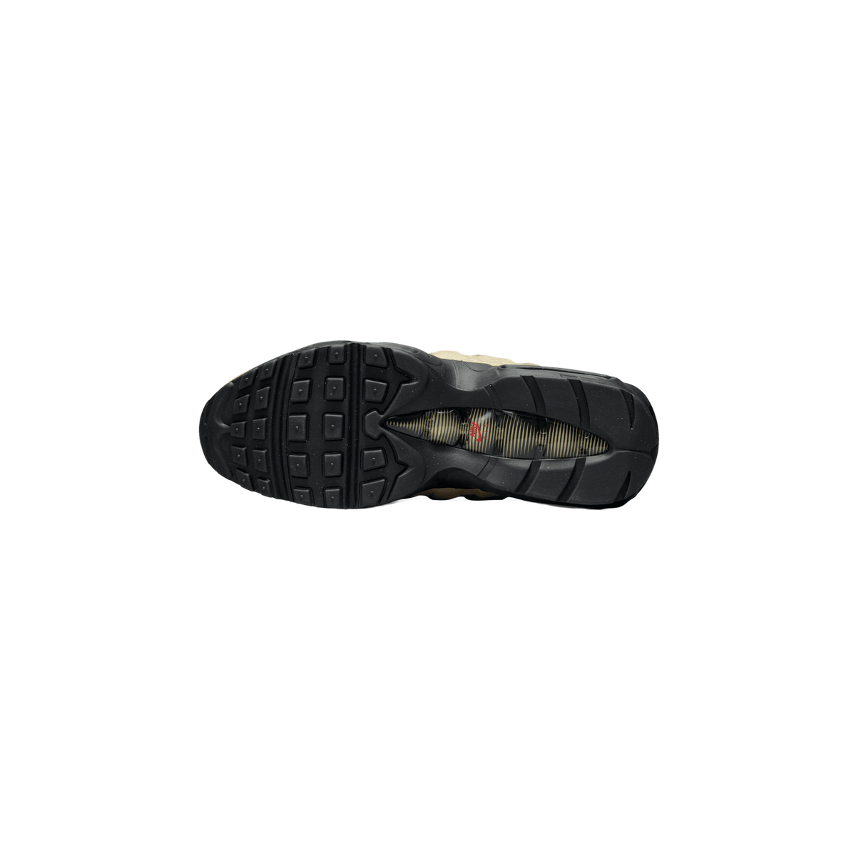 Underside of a Nike Air Max 95 shoe showing the black rubber outsole with a grooved tread pattern, a translucent Air unit window with a red Nike Air logo, and beige upper material visible at the edges.