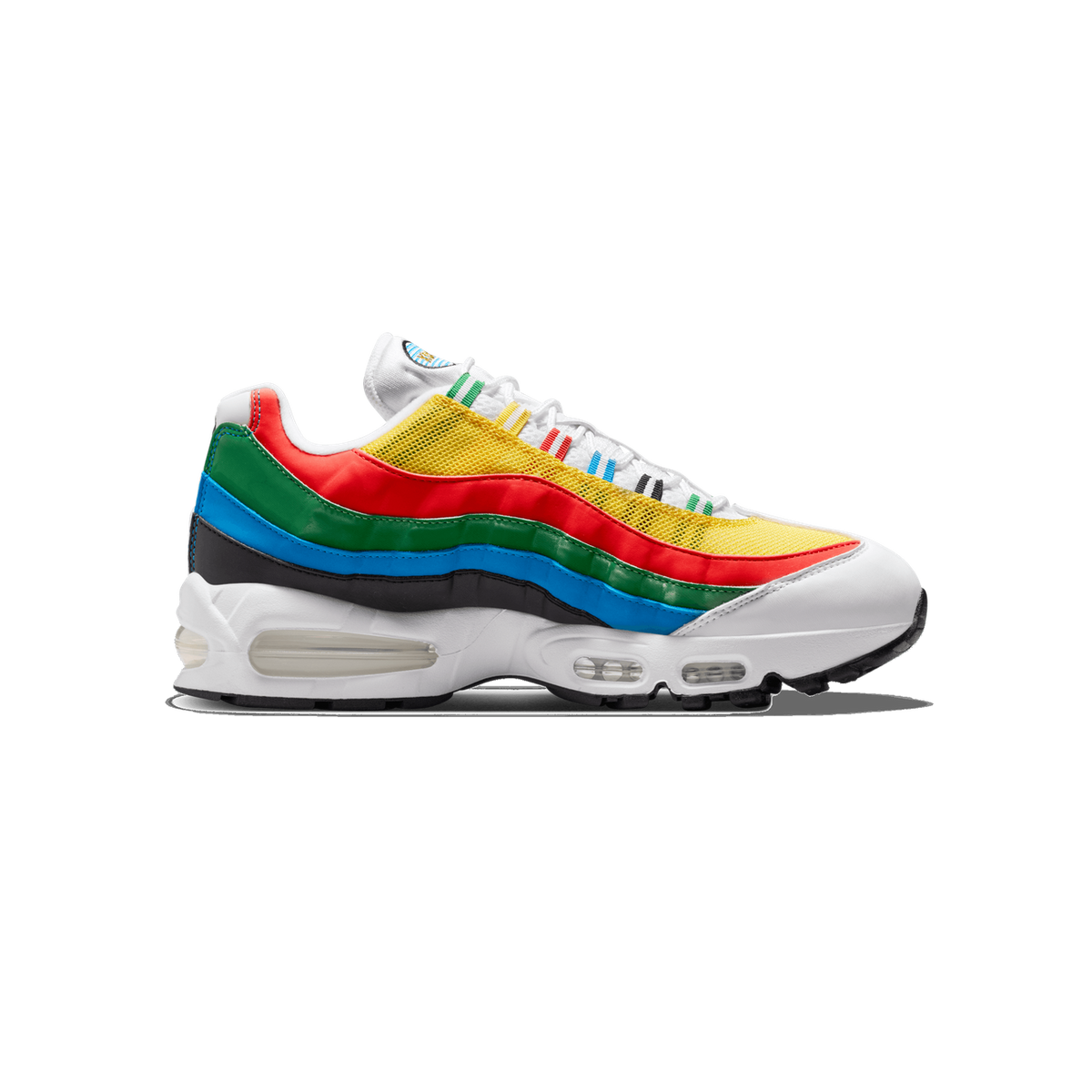 Right side view of a multicolour Nike Air Max 95 with yellow mesh, red, green and blue wavy overlays, white sole and visible heel air units, toe pointing right