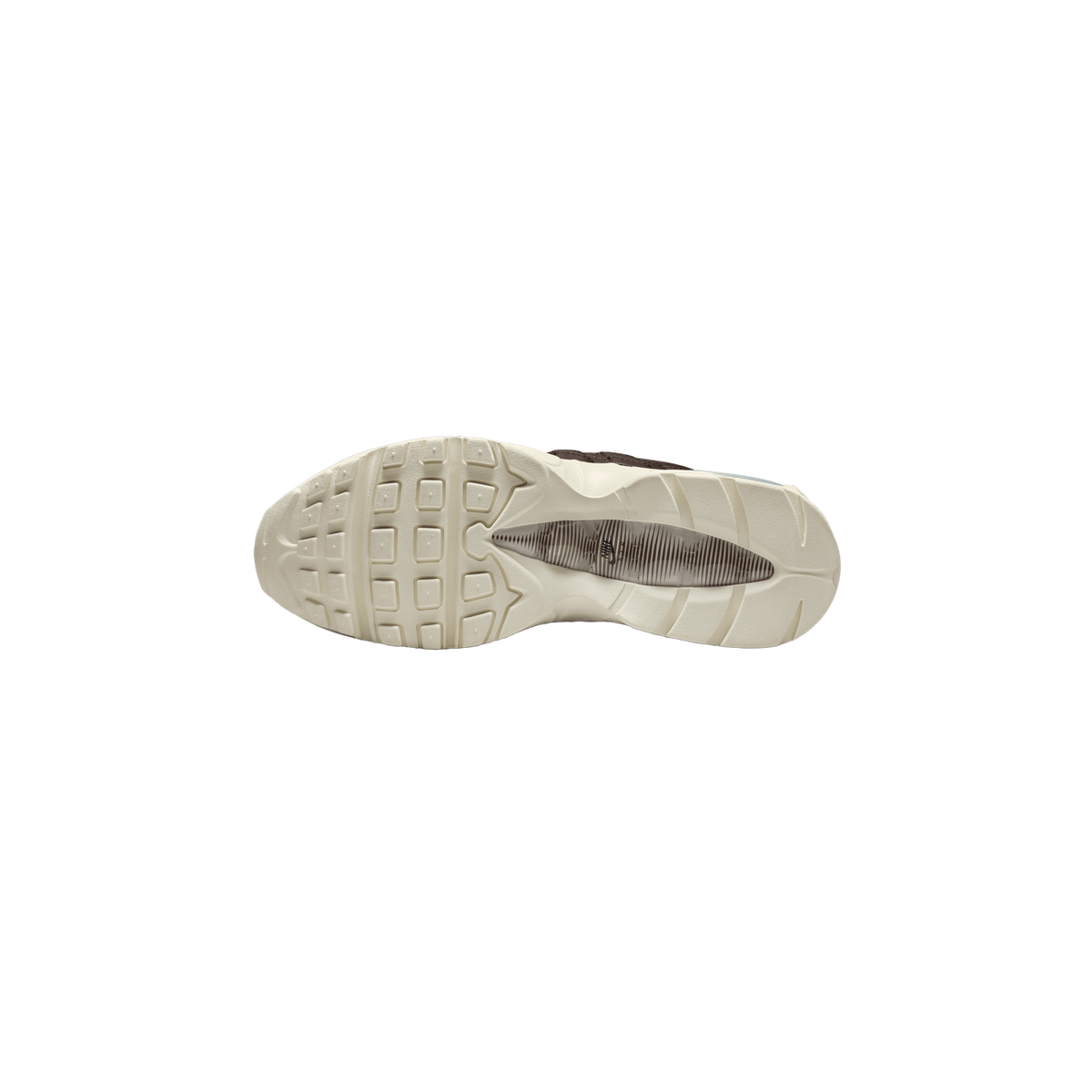 Bottom view of a Nike Air Max 95 showing the cream waffle-patterned outsole with visible Air unit window and brown upper edge.