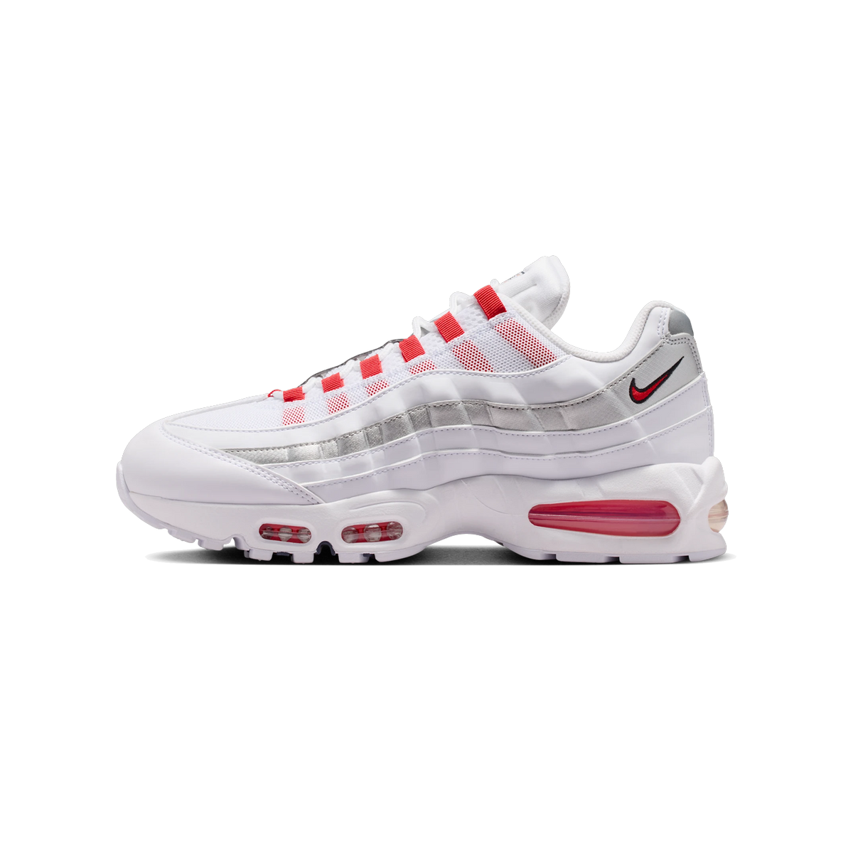 Lateral view of a white Nike Air Max 95 SE sneaker with red laces, silver ribbed panels, a red heel Air unit, and a black-outlined red swoosh.