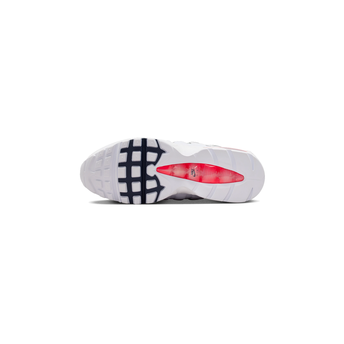 Bottom view of a white Nike Air Max 95 SE showing the outsole with navy grid tread pattern and a visible crimson Air unit in the heel.