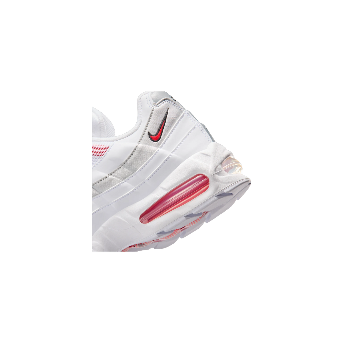 Close-up angled view of a white Nike Air Max 95 SE heel showing the red visible air cushioning unit and a red embroidered swoosh logo.