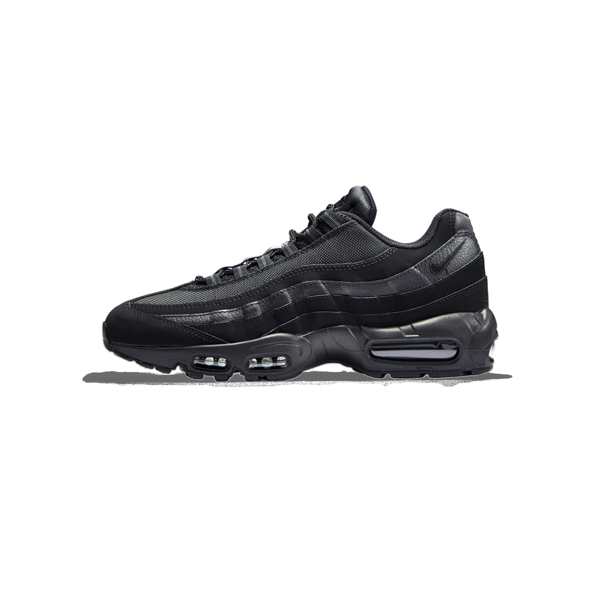 A single black Nike Air Max 95 shoe shown from the side, toe pointing left, with visible Nike Swoosh logo on the midfoot and exposed Air units in the black midsole.