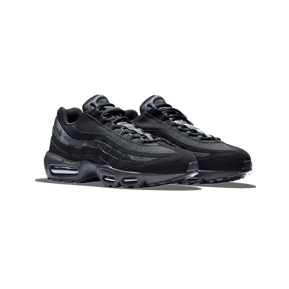 A pair of black Nike Air Max 95 sneakers shown side by side at an angle on a white background, with visible mesh panels, black laces, and the exposed Air unit cushioning along the midsole.