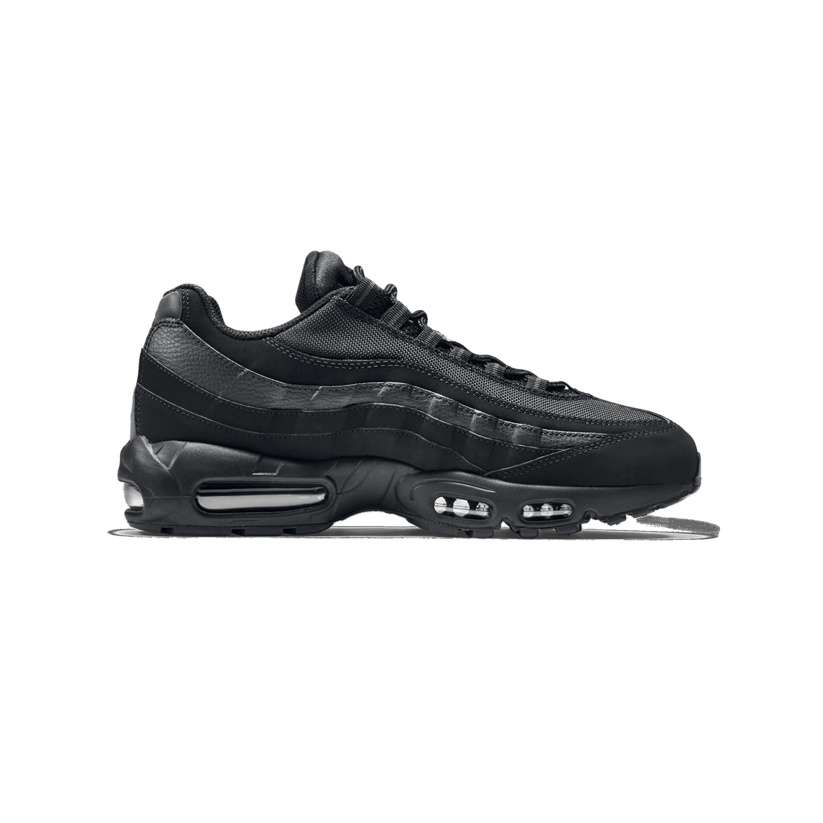 Side view of a black Nike Air Max 95 with the toe pointing left, showing black textured overlays, black laces, and visible clear Air units in the black midsole.