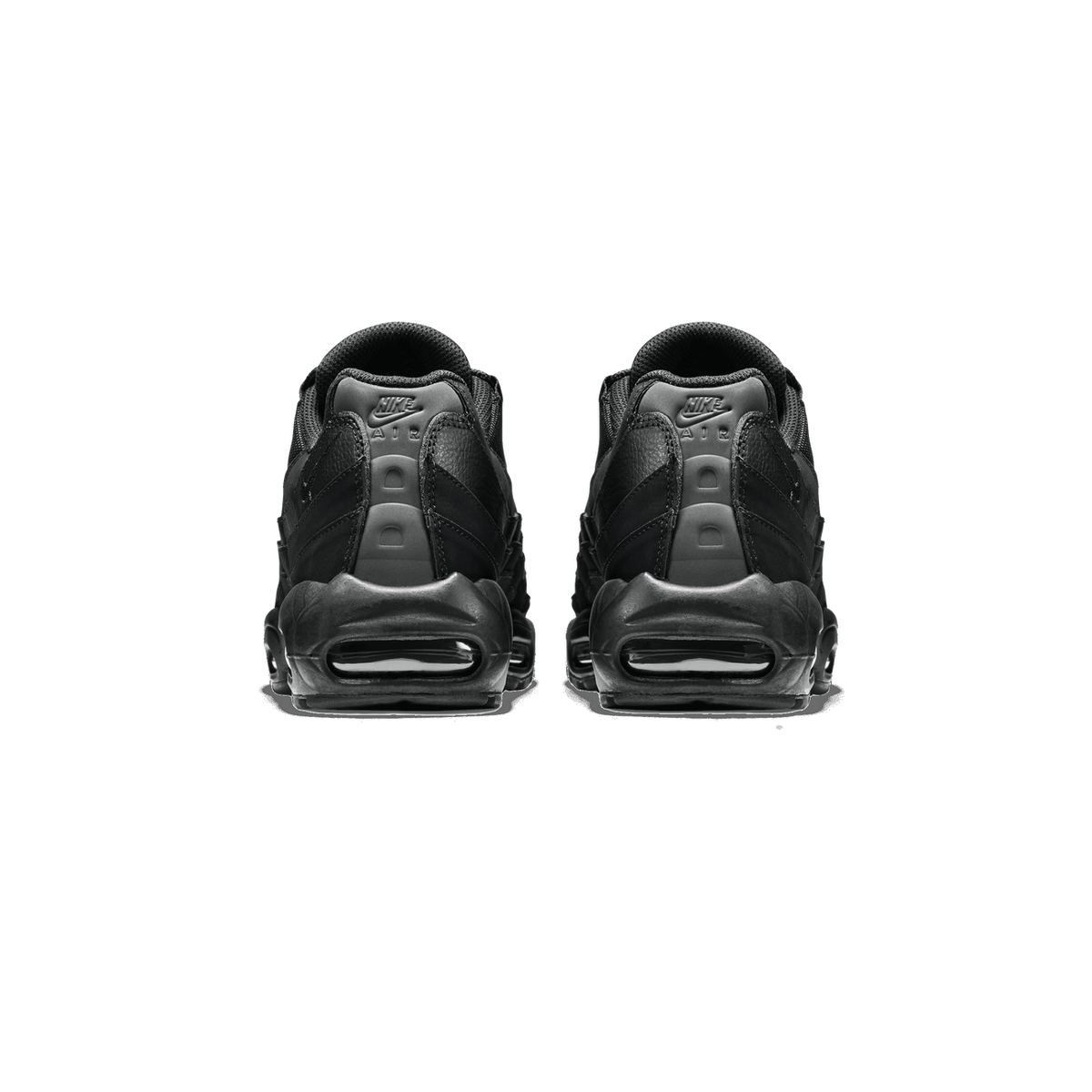 Rear view of a pair of black Nike Air Max 95 sneakers standing side by side on a white background, showing the heel tabs with Nike Air logos and the visible Air units at the heels.