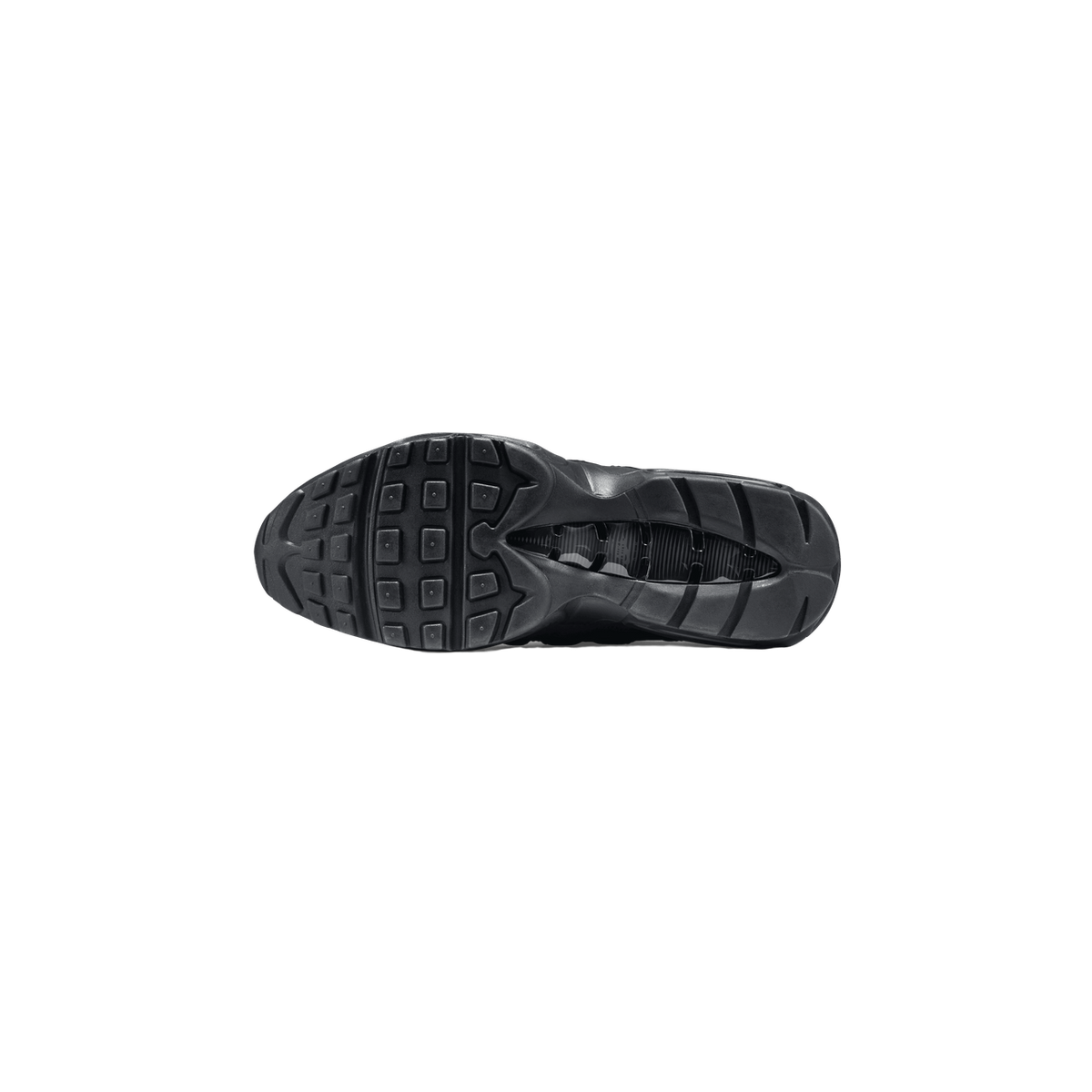 Underside view of a black Nike Air Max 95 sneaker showing the full black rubber outsole with its lug pattern and the visible air unit cutout in the midfoot.