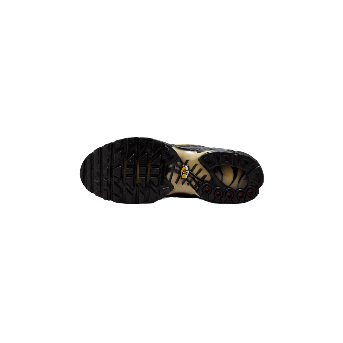 Bottom view of a black Nike Air Max Plus sneaker showing the tan and black waffle-patterned outsole with visible TN logo